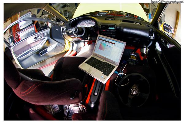 2000 Acura Integra Type-r interior with Hondata on a laptop