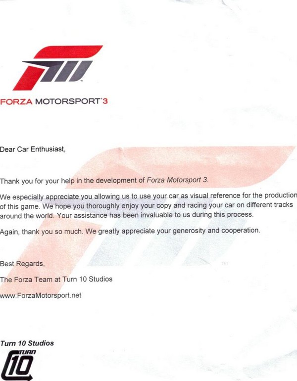 Turn 10 Forza motorsport 3 thank you letter